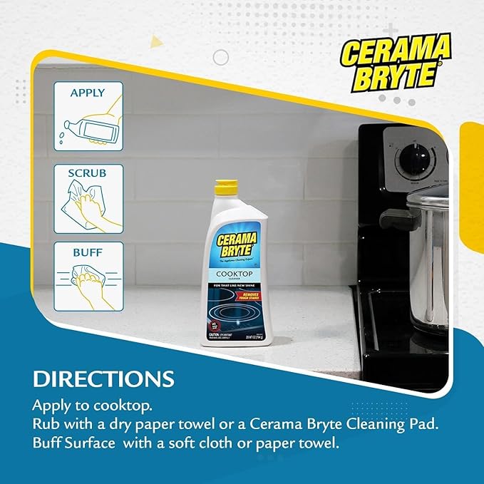 Cerama Bryte Ceramic Cooktop Cleaner (28 oz), Scraper and 5 Cleaning Pads Combo Kit