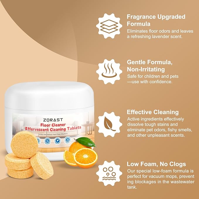 Floor Cleaning Solution, 50 PCS Vacuum Mop Cleaning Solution Tablet Refil, Sweet Orange Scent Compatible with All Roborock Mopping Robots