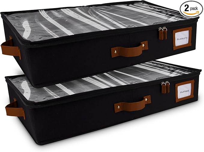 HOMELUX THEORY 2pc Under Bed Storage Containers, Bedroom Under the Bed Drawer Storage Organizer with Bins and Lids, Medium Underbed Clothes Storage Box Ideal for Blanket, Fabric, & Shoes (Black)