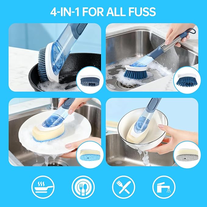 Soap Dispensing Scrub Dish Brush Head Replacements - 4 Kitchen Cleaning Brush Dish Wand Head, Scraper Heads for Stubborn Grime on Pots Pans, Stand/Hang Storage-Blue
