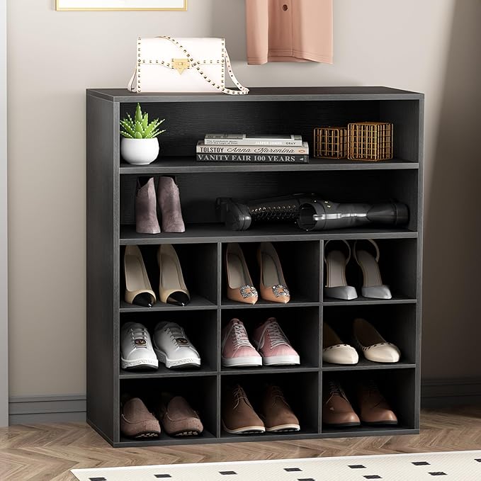 Garden 4 you Shoe Rack Organizer, 5-Tier Wood Cubby Shoe Rack with 2 Storage Shelf and 9 Cubbies, Shoe Organizer Cabinet for Entryway, Hallway, Closet and Garage,Black