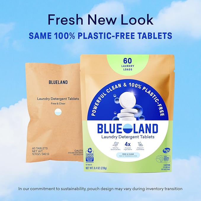 BLUELAND Laundry Detergent Tablets, 36 Count, Plastic-Free Eco-Friendly Pods, Sheets, Liquid Alternative - Fragrance Free and Clear, Natural, Gentle