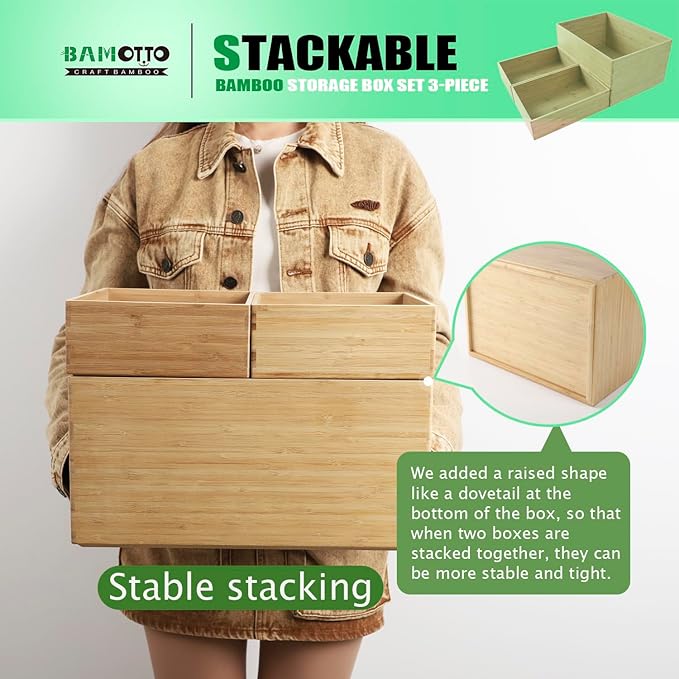 3-Piece Large Bamboo Storage Box Set, 7.1 in High Stackable Deep-Drawer Organizer for Kitchen Cutlery, Utensils & Knives, Exquisite and Durable Lidless Wooden Bin (14.6"x10.2x7.1"*1+10.2"x7.3"x3"*2)