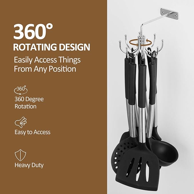 ZEDODIER Kitchen Cooking Utensil Holder, 360° Rotating Kitchen Hooks for Hanging Utensils, Heavy Duty Metal Utensil Rack with 8 Storage Capacity for Utensil, Towel, Pot, Glove, Aprons, Silver