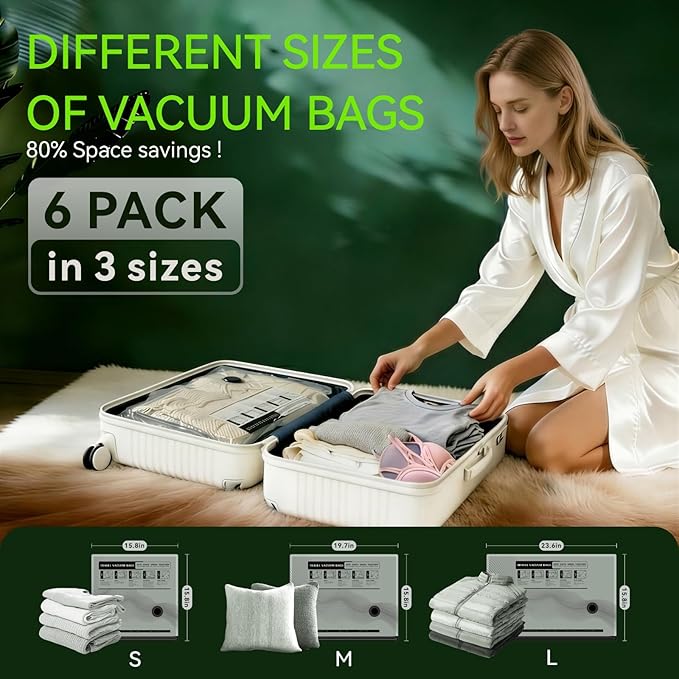 Vacuum Bags for Travel - USB Electric Pump, 6 Pack Carry-on Size Vacuum Seal Bags for Clothing - Space Saver Vacuum Storage Bags for Luggage, Travel Essentials.