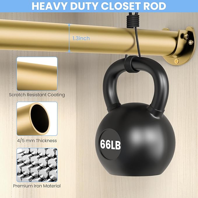 Closet Rods for Hanging Clothes, 17 to 84 Inch Heavy Duty Stepless Adjustable Closet Hanging Rod, 1.3 Inch Diameter Metal Closet Rod for Wardrobes Laundry Bedroom RV, Gold