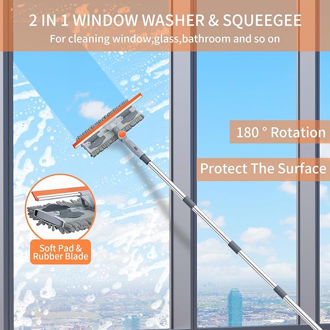 6.4FT Extendable 2-in-1 Window Washing Kit with Long Handle, 180° Rotatable Head & No-Drill Storage Holder, Streak-Free Window Squeegee for High Windows, Glass, Shower, and Car Windshield Cleaning