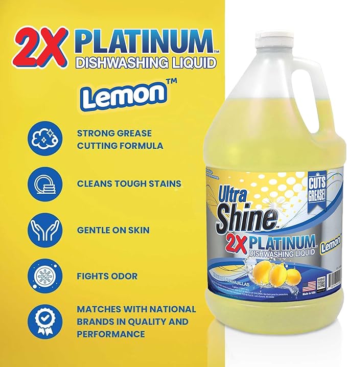 Ultra Shine™ 4 Pack 2X Platinum™ Dish Cleaning Liquid, Lemon Scent, 1 Gallon, Yellow - Powerful Grease Remover Dishwashing Soap