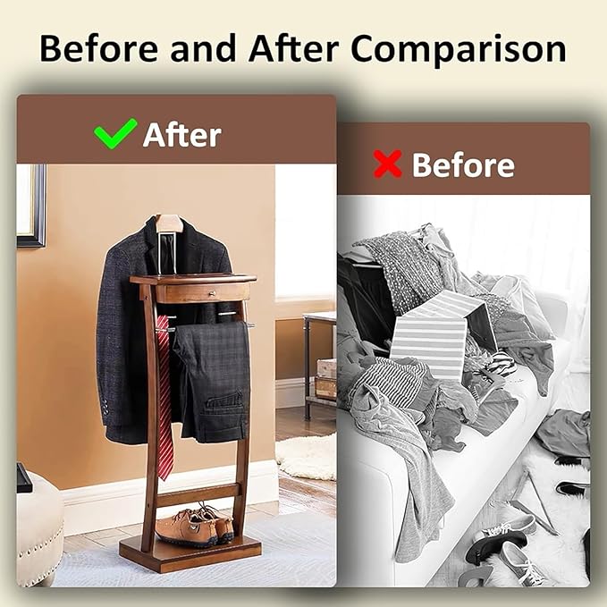 Wood Clothes Valet Stand with Tray, Floor Standing Suit Valet Stand with Drawers and Front Trouser Rack, Men's Valet Stand, for Living Room Office Dressing Room 44.4x30x112.2 cm (Black)