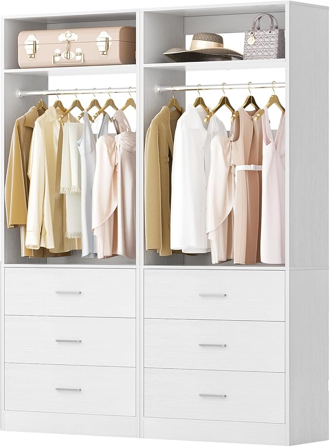 Besiost Closet System Set of 2, 4FT Closet Systems with 6 Wood Drawers, 48" Closet Organizer System with 2 Hanging Rods & 2 Shelves, Heavy Duty 48 Inch Walk-in Closet , White (48"L x 15" W x 80" H)