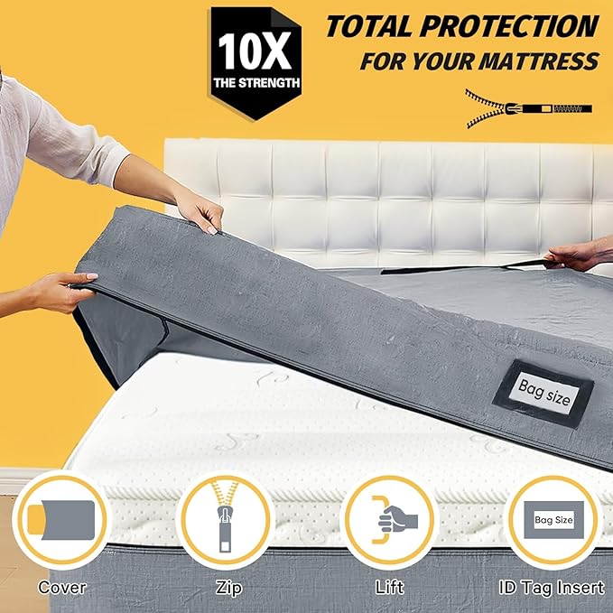 Mattress Bags for Moving and Storage, BETU Waterproof Mattress Protector Full XL Mattress Cover with 8 Heavy Duty Handles and Zipper Extra Thick Moving Supplies for Bed Reusable (82x57x13.5 Grey)