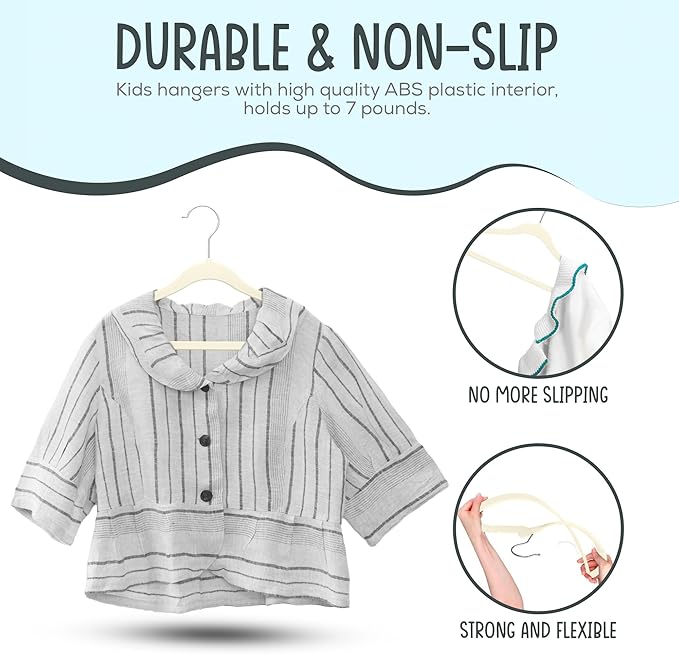 TechZoo 50 Premium Kids Velvet Hangers - 14" Non-Slip Clothes Hangers for Kids & Preteens - Ultra Slim, Space-Saving, Strong & Durable Hangers with 360° Swivel Hook - Ivory