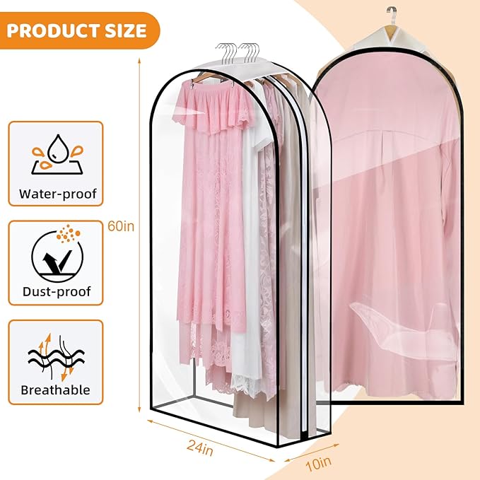 Dntorx 4 Pack Clear Garment Bags with Side Zipper, 60" Clothes Covers with 10" Gusset, Transparent Hanging Suit & Coat Covers for Closet Storage, Jackets, Dresses, Windbreakers