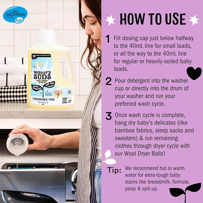 Molly's Suds Baby Liquid Laundry Detergent | Removes Formula, Poop & Spit-Up Stains | Extra Gentle for Infants, Babies, Toddlers (Sweet Baby Shea, 100 Loads)
