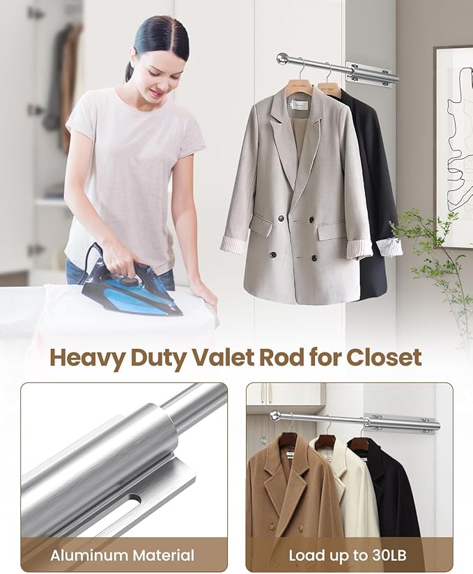 Supforce 16.5" Valet Rod for Closet Pull Out, Retractable Slide Out Valet Rod Closet Organization, Aluminum Valet Clothing Hanger Rods Perfect for Suits, Dresses & Freshly Pressed Clothes, White