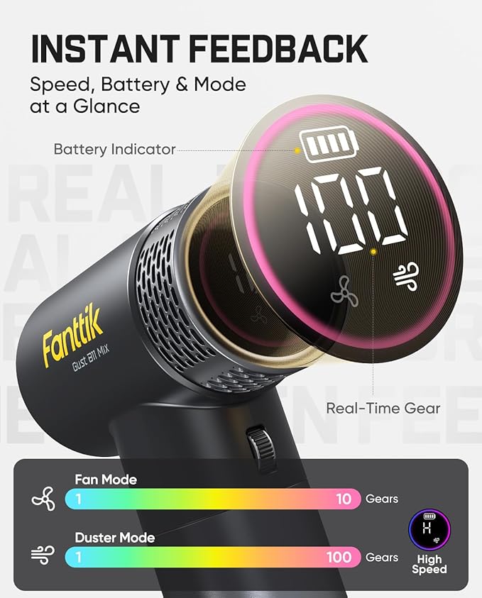 Fanttik Gust B11 Mix 2-in-1 Electric Air Duster & Fan, Dust Blower, 110000RPM Brushless Motor, Compressed Air Duster, 100 Stepless Gears, One-tap Booster, Electric Duster for PC, Electronics, Outdoor
