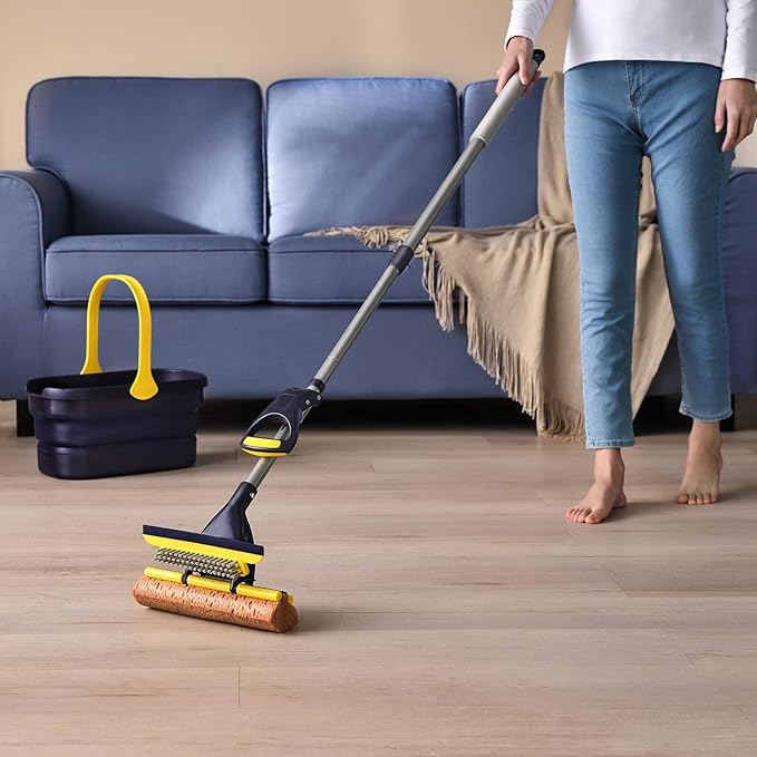 Yocada Sponge Mop Home Commercial Use Tile Floor Bathroom Garage Cleaning Total 3 Sponge Heads Squeegee and Extendable Telescopic Long Handle 42.5 to 52 Inches Easily Dry Wringing Only 3 Heads