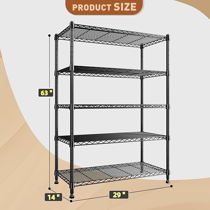 REIBII 5-Tier Wire Shelving Storage Shelves Metal Shelves,1020 LBS Adjustable Heavy Duty Metal Shelving Units and Storage for Garage Pantry Kitchen Bathroom 29" W X 14" D X 63" H