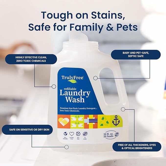 Truly Free Natural Laundry Detergent for Sensitive Skin | Eco Friendly, Plant Based, Baby Clothes Safe | Clean & Easy Powder to Liquid, 1 Pack Detergent + 1 Refillable Jug | Unscented, 50 Loads
