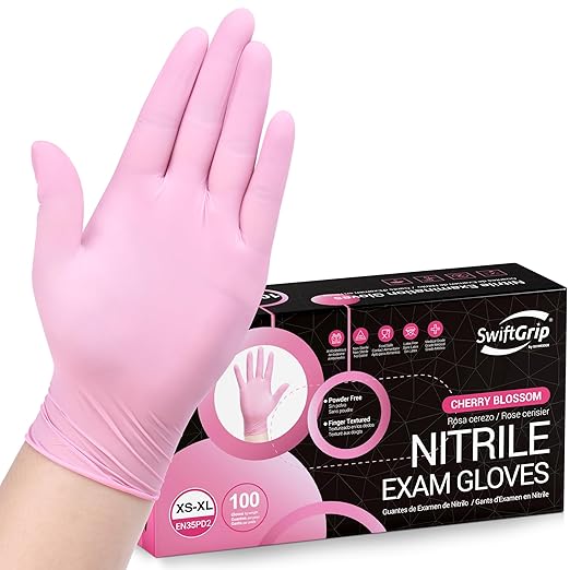 Pink Nitrile Gloves, 3-mil, Industrial Gloves Disposable Latex Free, for Cleaning & Esthetician, Rubber Powder-Free, 100-ct Box (Small)