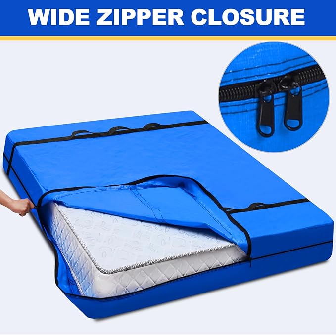 TICONN Mattress Bags for Moving, Heavy Duty Cali King Mattress Cover Storage Bag with Full-Around Handle and Adjustable Buckles (Blue, Cali King)