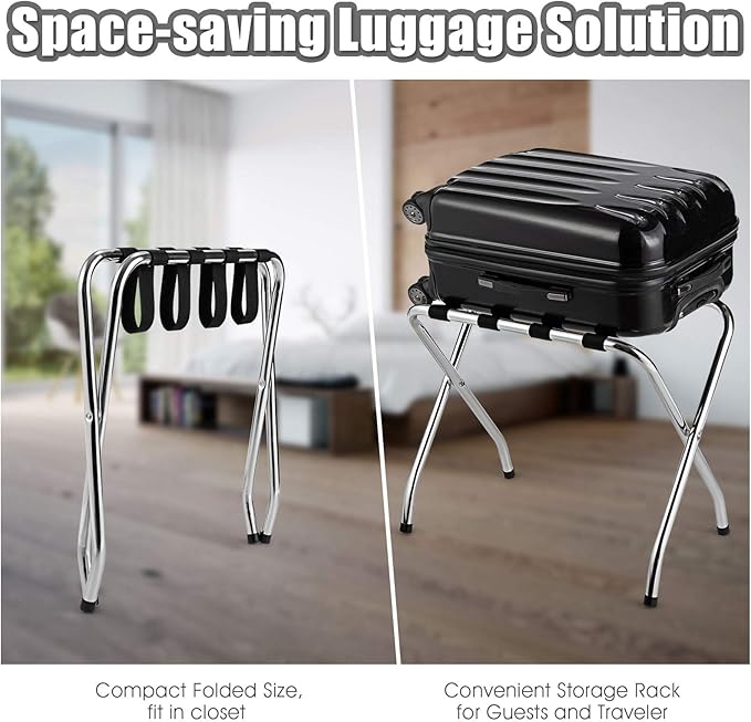 Tangkula Chrome Luggage Rack for Guest Room, No Assembly Required, Folding Metal Suitcase Stand with Nylon Belts, for Home Bedroom Guest Room Hotel, Luggage Rack, Silver (2)