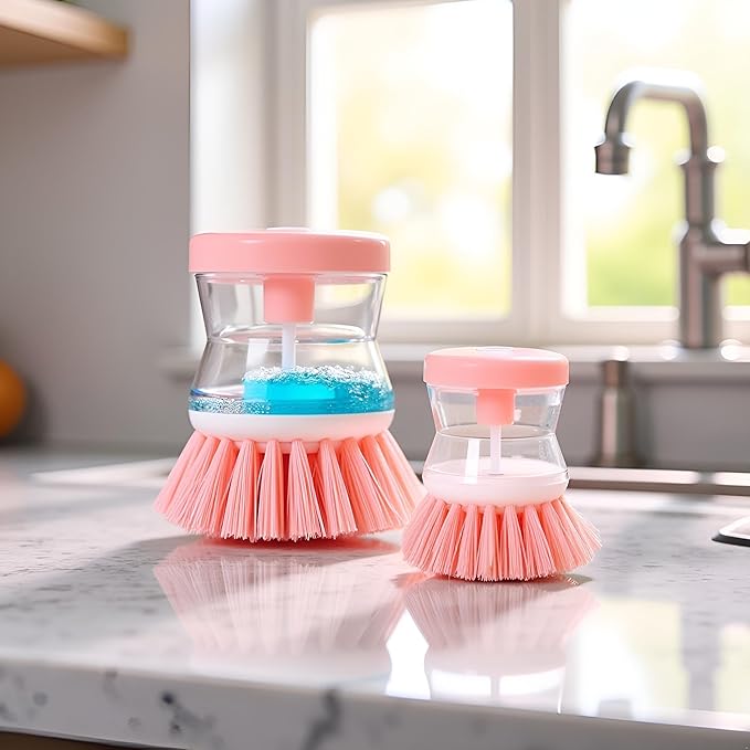2Pcs Pink Dish Brush with Soap Dispenser,Soap Dispensing Brush, Kitchen Brush,Dish Pot Pan Sink Cleaning, Dish Brush Washing Utensils,Washing Up Liquid Soap Dispenser,Soap Dispensing Dish Brush