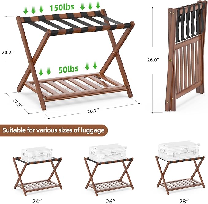 BAMBOOHOMIE 2 Pack Bamboo Luggage Rack for Guest Room, 26.77" Folding Wide Suitcase Stand with Storage Shelf, Thickened Luggage Stand Holder for Bedroom Hotel, Luggage Rack for Suitcases (Brown)