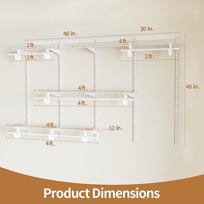 PROWORX 5-8 Ft Closet Organizer System, White Adjustable Custom Metal Wire Shelving Wall Mounted, Expandable Organization and Storage Shelf Kit with Hanging Rods