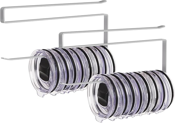 2 Pack Tumbler Lid Organizer, Horizontal Tumbler Lid Storage Hook to Hold Up 20 Lids, Space Saving Cup Lid Holders Under Cabinet Tumbler Lid Hook for Kitchen Organizer, Paper Towel Rack Hanger (Gray)