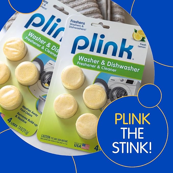 Plink Washer and Dishwasher Freshener and Cleaner, Prevents Residue, Removes Odors in Kitchen and Laundry Room Appliances, Septic-Friendly, Fresh Lemon Scent, 2 Packs of 4 Tablets