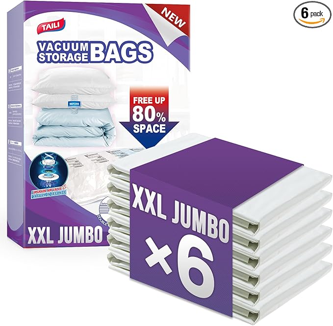 TAILI 6 Pack Vacuum Storage Bags for Comforter and Blankets, XXL Jumbo Vacuum Seal Bags for Bedding (47x39 Inch), Huge Space for Toy, Bedding, Pillows, Save More Closet Space