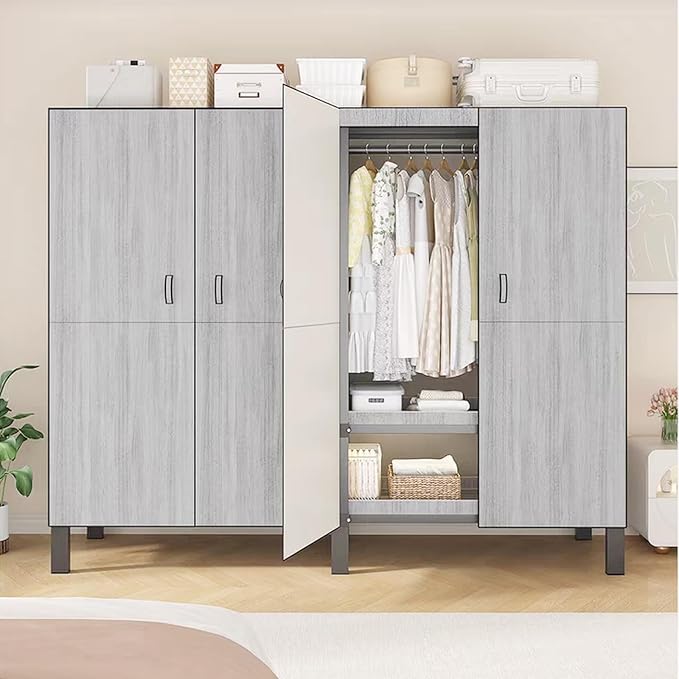 Heavy Duty Covered Clothes Rack with Magnetic Door Foldable Portable Wardrobe Closet for Hanging Clothing Rolling Black Metal Garment Rack on Wheels Closet System (Gray, 58.9in)