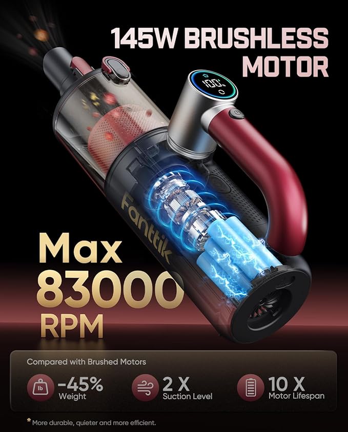 Fanttik Cruise V11 APEX Handheld Vacuum Cordless, 4-in-1 Vacuum Cleaner with 180° Rotatable Handle, 145W Brushless Motor, LED Touch Screen, 3 Suction Modes for Home Corners, Kitchen, Car, Crevices