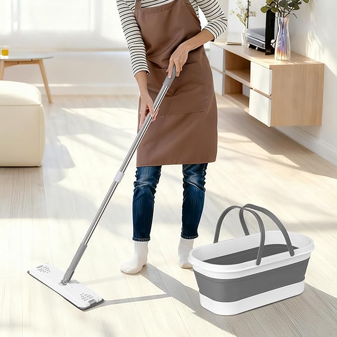 Flat Mop and Bucket Set with Heavy Duty Scrub Brush, 2 Washable Reusable Microfiber Pads, for Tile Hardwood, Wall Cleaning, Home Indoor or Outdoor Cleaning (White-Gray)