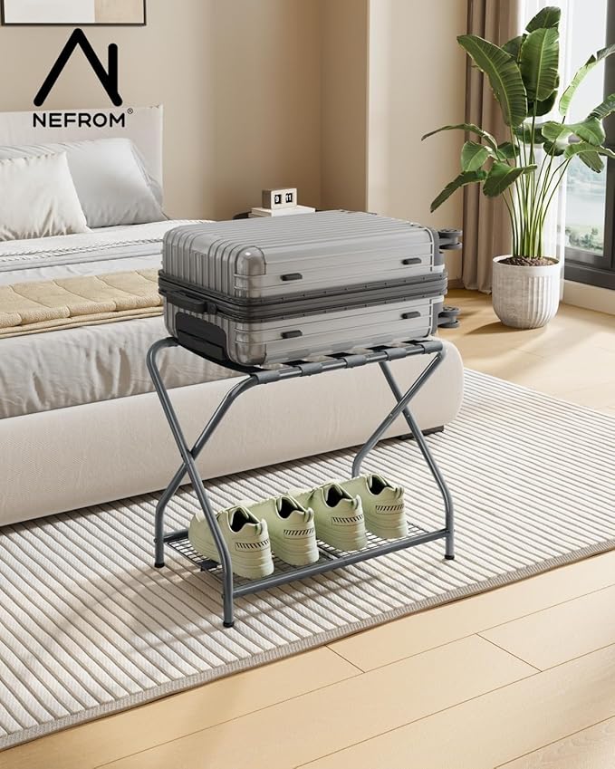 Set of 2 Foldable Gray Luggage Rack Stands with Storage Shelves – Heavy Duty Metal Suitcase Holders, 150 lbs Top, 50 lbs Bottom Each, Fits 20”-28” Luggage – Guest Room, Bedroom, Hotel LR-GY-2