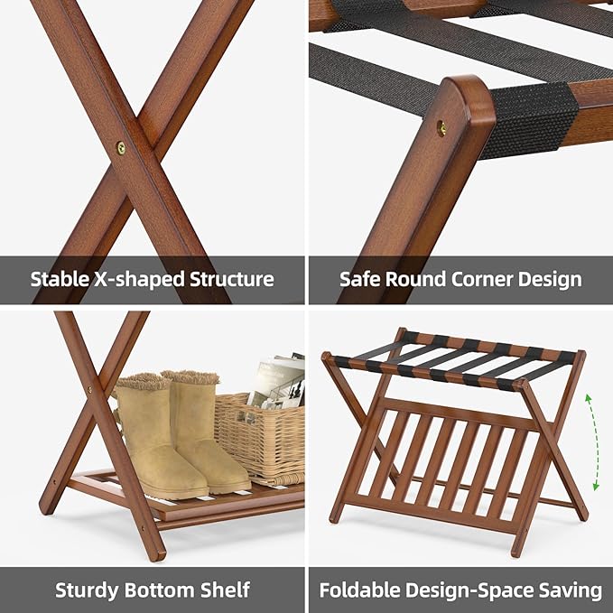 BAMBOOHOMIE 2 Pack Bamboo Luggage Rack for Guest Room, 26.77" Folding Wide Suitcase Stand with Storage Shelf, Thickened Luggage Stand Holder for Bedroom Hotel, Luggage Rack for Suitcases (Brown)