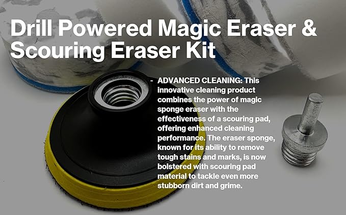 4.5" Drill Powered Magic Sponge Eraser & Scouring Pad 6 Pieces Kit With Drill Attachment | Ultra Durable Pads for Deep Cleaning Bathroom Kitchen Floors Walls Baseboards Crayon Marker & More
