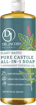 Dr. Jacobs Naturals Peppermint Castile All-in-One Cleaner and Soap - Plant-Based Formula for House Cleaning Floors and Appliances - Gentle on Skin and the Planet - 32 oz, 1 Pack