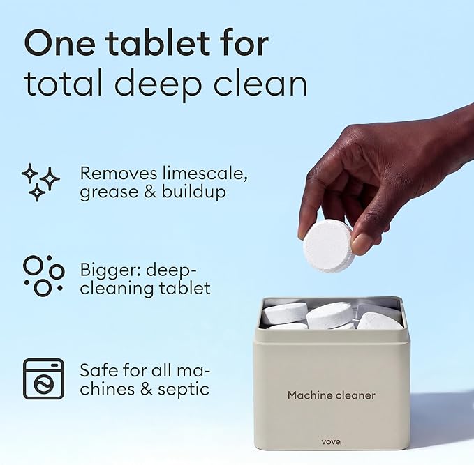 Vove Washing Machine Cleaner Tablets, 12 Count - Deep Clean Descaler for Odor, Residue and Hard Water - Enzyme and Oxygen-Powered Formula, Front Load and Top Load, FSC-Certified Kraft Packaging