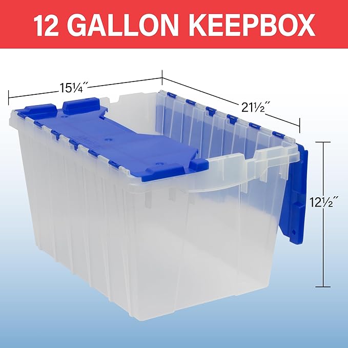 Akro-Mils KeepBox 12 Gallon Storage Container, Nesting and Stackable Plastic Storage Box with Lid Attached, Clear Tote for Garages, Closets, and Moving, 21-1/2" x 15" x 12-1/2", Clear/Blue, 6-Pack