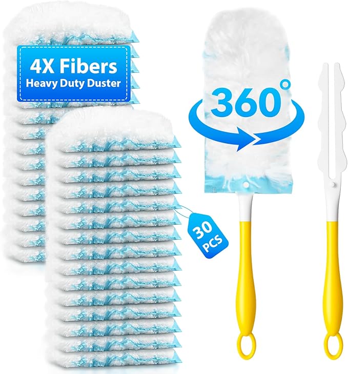 30 Count Duster Refill for Swiffer Duster with 1 Handle - 360° Multi-Surface Larger Size Feather Dusters, Disposable Duster Kit for Cleaning Home, Furniture, Blinds and Ceiling Fans