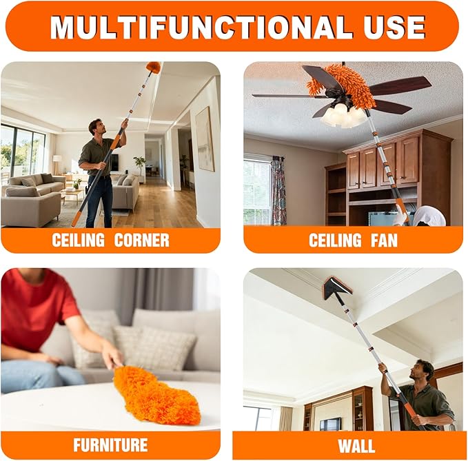 30FT Reach Duster Cleaner Kit, Dusters for Cleaning with Extension Pole, Baseboard & Wall and Window Cleaner Mop for Fan Blades, High Ceiling and Cobweb