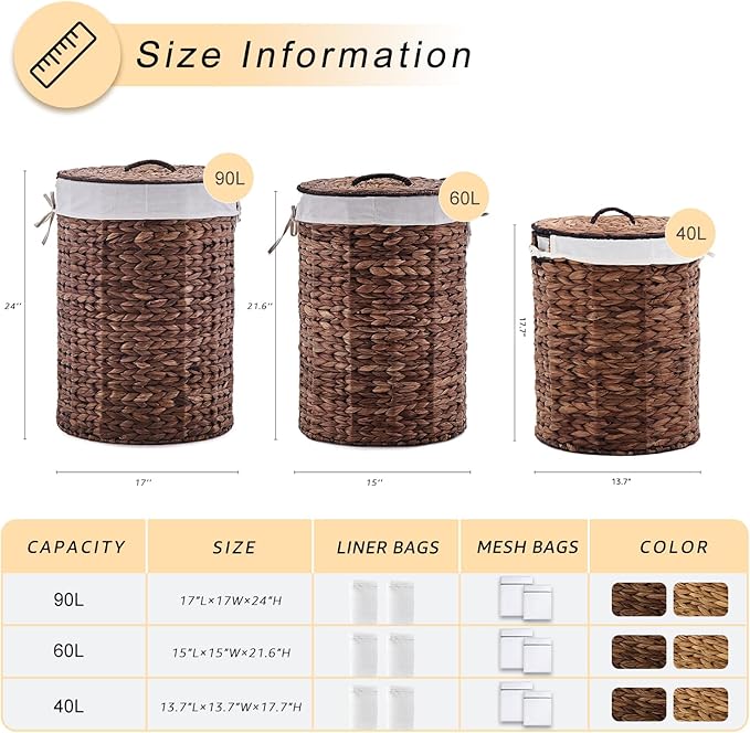 Round Water Hyacinth Laundry Hamper with Lid Handwoven Wicker Basket with Handles for Dirty Clothes, Storage, and Organization Ideal for Bedroom, Bathroom, and Laundry Room, No Assembly Required, 60L