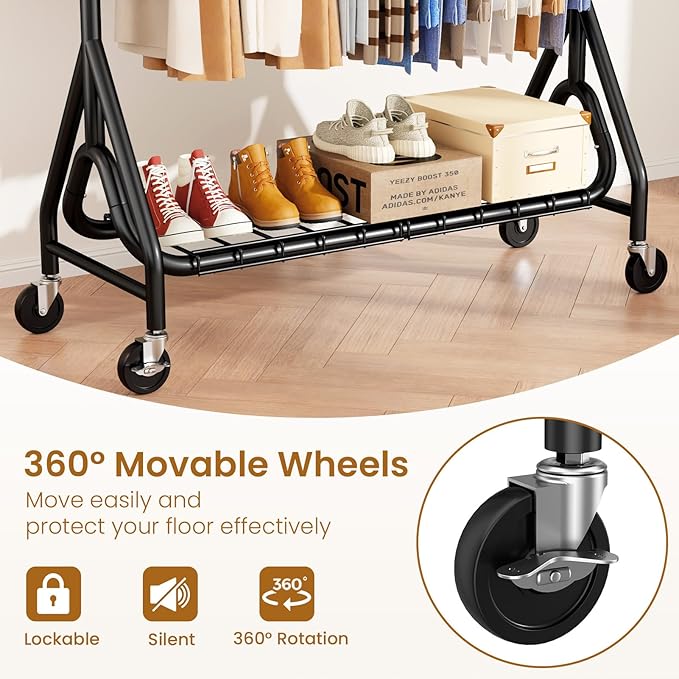 Double Rods Clothing Rack, Heavy Duty Clothes Rack for Hanging Clothes Load 560LBS, Metal Rolling Garment Racks with Wheels, Freestanding Clothes Hanging Racks, Black