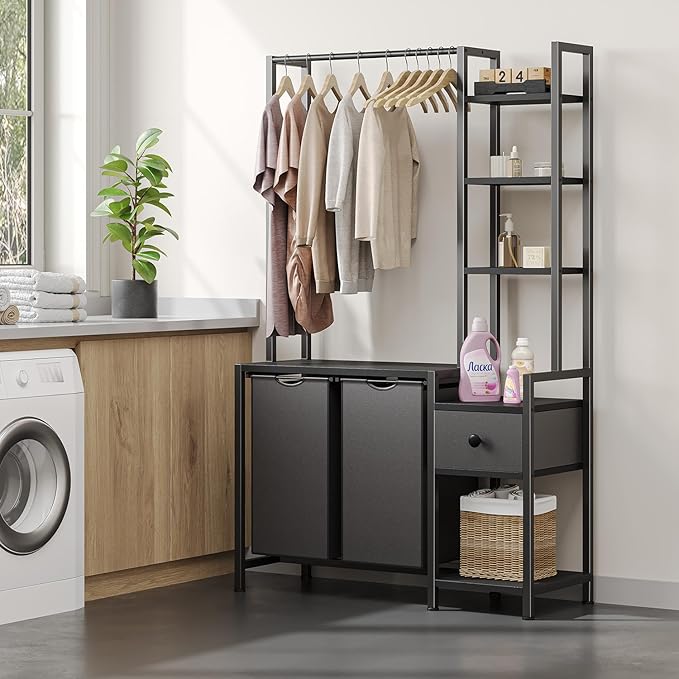Creso hom Laundry Hamper with Shelf, 5 Tiers Tall Laundry Basket Sorter with 2 Pull-Out and Removable Bags, Clothes Rack with Laundry Sorter for Laundry Room Bathroom Bedroom, Black