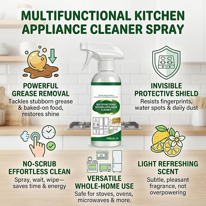 Multifunctional Kitchen Appliance Cleaner Spray Pro Powerful Grease Stain Removal Invisible Protective Layer Effortless Scrub Free Versatile Whole Home Use Light Refreshing Scent 4oz(3Pcs)