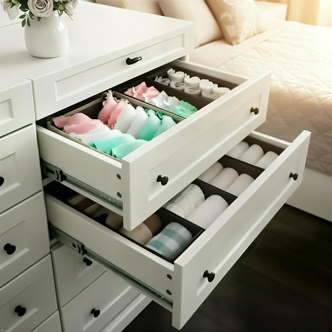 Bructhun Sock Drawer Organizer 3 Pack - Collapsible Fabric Storage Bins for Underwear Divider, Small Closet Organizers with 3 Compartments, Khaki