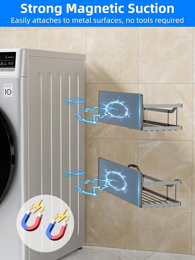 Multifunctional Magnetic Shelf for Washing Machine, Refrigerator, Microwave, and Any Metal Surface, Powerful Magnetic Shelves Include Magnetic Paper Towel Holder, Unique Hollow Design (5 pcs - Grey)