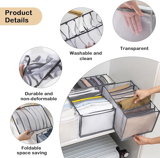 TIGARI Sock Wardrobe Clothes Organizer, Sock Organizer Drawer Divider, Foldable Drawer Compartment Storage for Socks (Gray)